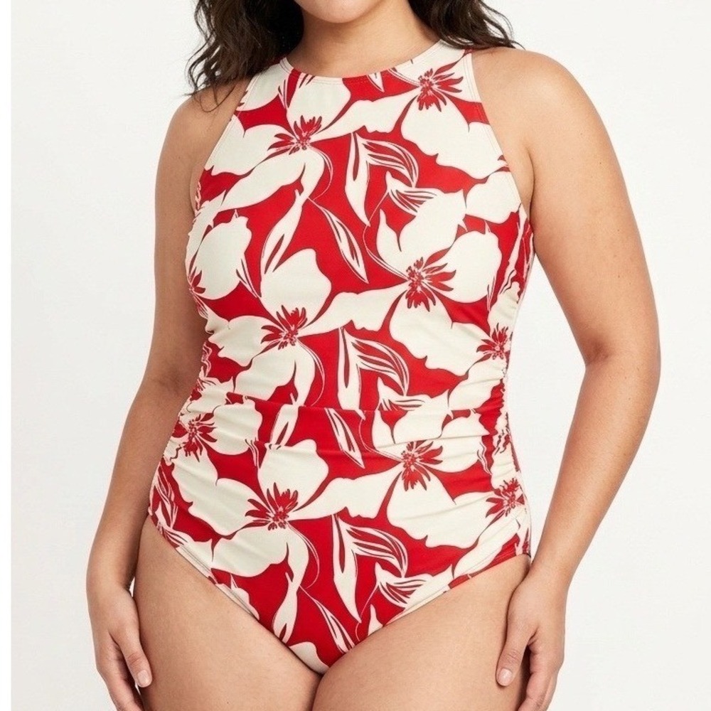 Shade and Shore sz 16 One Piece Swimsuit Womens Red Cream Floral Ruched